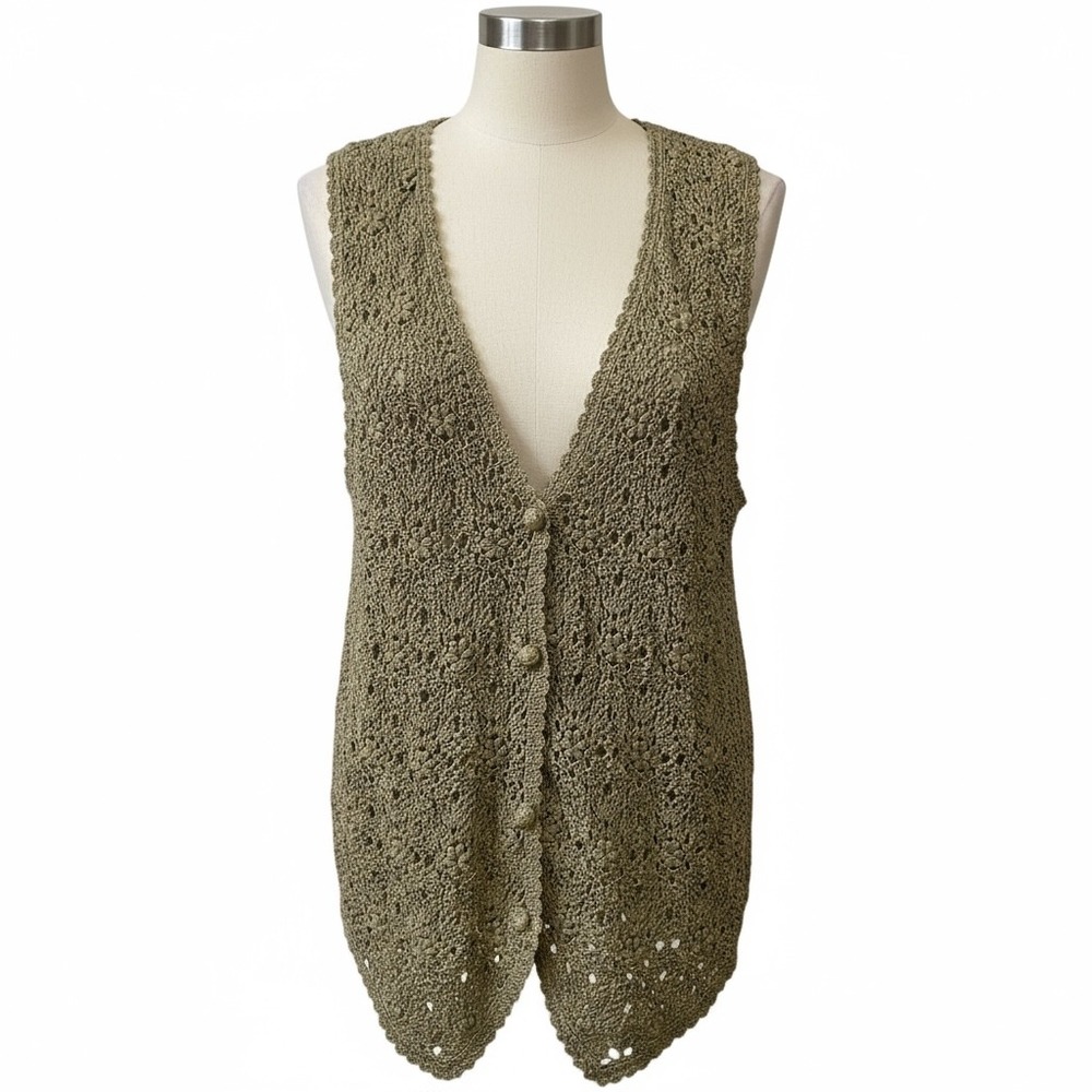 Handknitted Vintage International Express Crochet Open Knit Button Front Vest‎ S